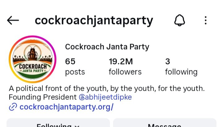 Cockroach Janata Party CJP Instagram 18.6 Million followers and X account withheld in India