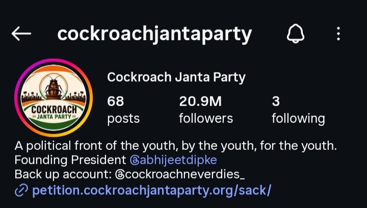 Cockroach Janata Party CJP Instagram 20.9 Million followers and X account withheld in India
