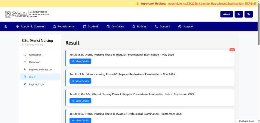 AIIMS BSc Nursing Result 2026