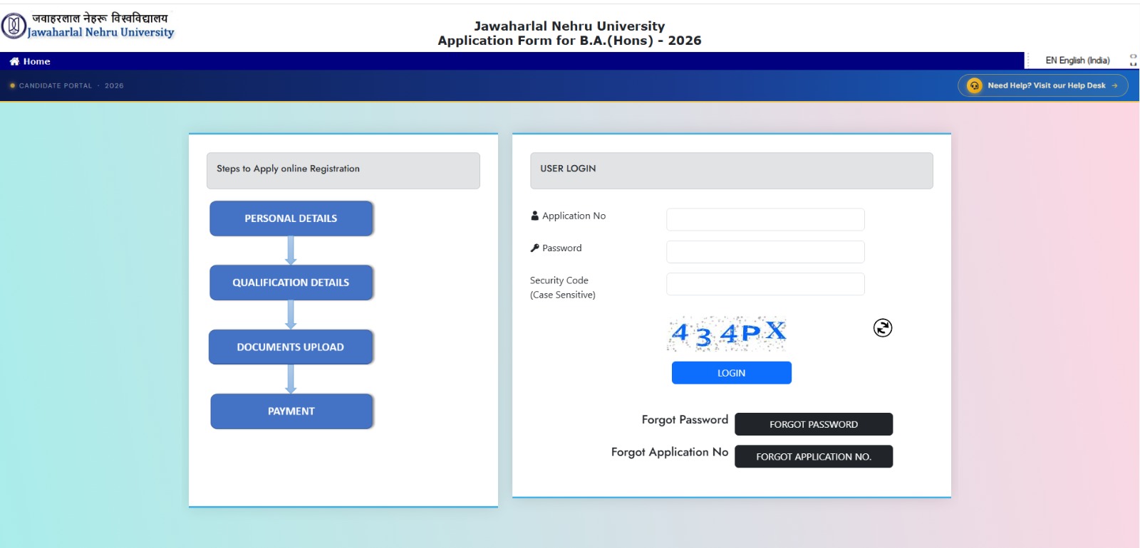 JNU BA Hons Application Login Windows