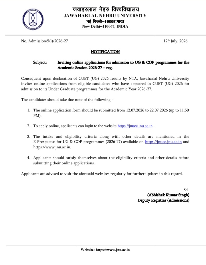 JNU UG Admission 2026 Official Notice 