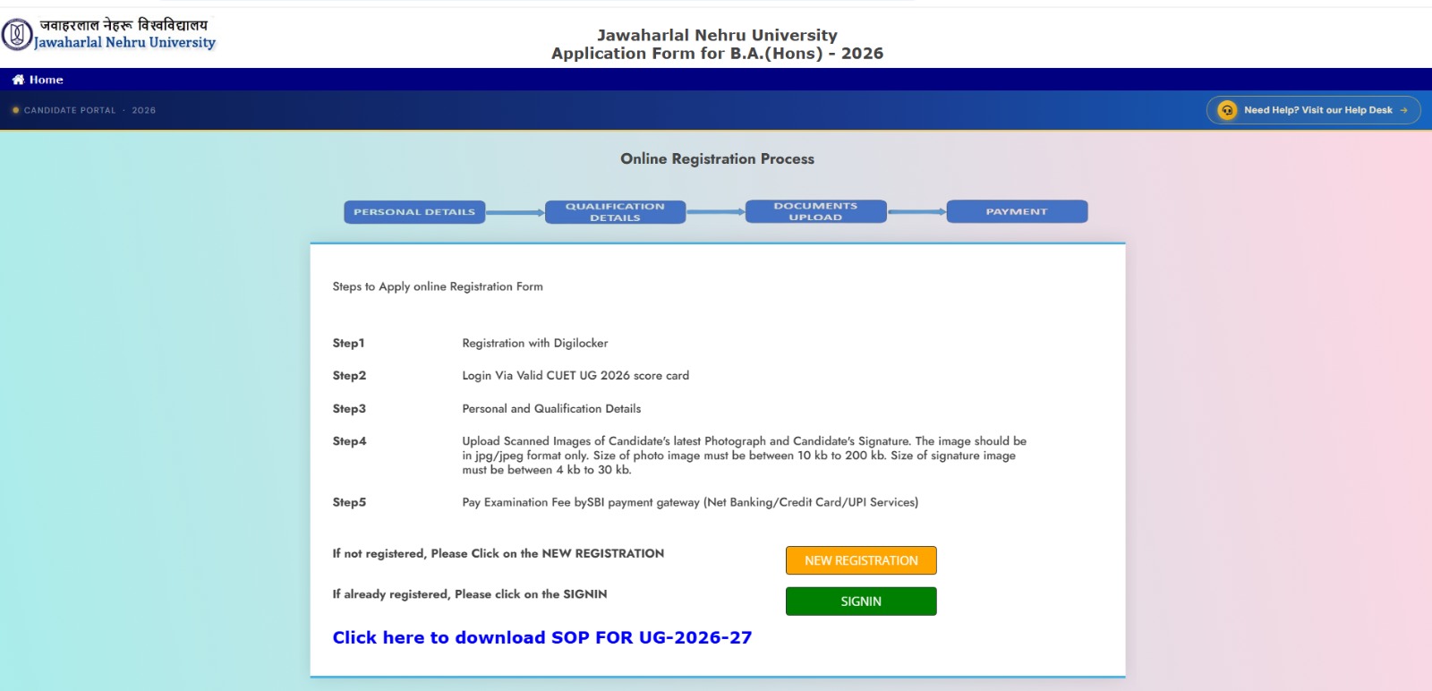JNU UG Admission 2026 Registration Process Portal.