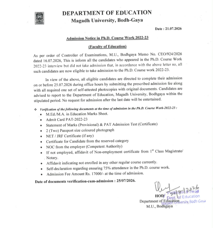 Magadh University Ph.D. Course Work Admission 2022-23 Official Notice 